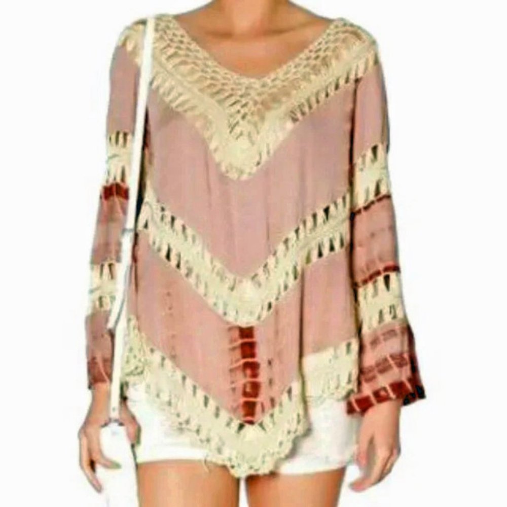 UMGEE Blush Tie Die Crochet Boho Blouse - Picture 2 of 9